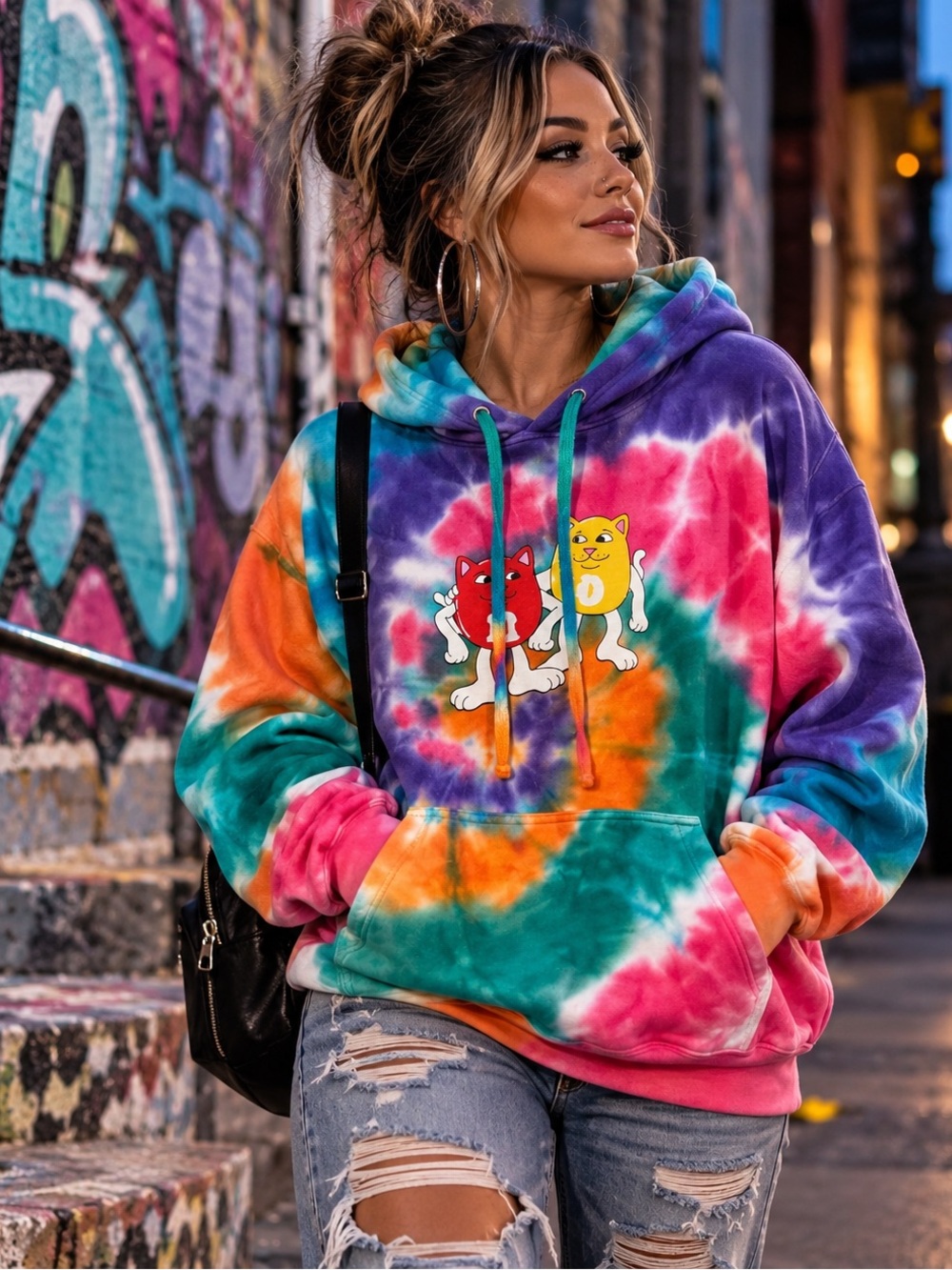 RIPNDIP Tie Dye Hoodie – Colourful Cat Graphic – Pink Purple Teal Orange – Size